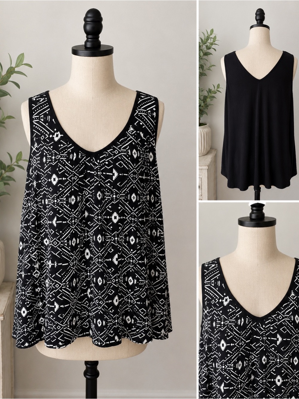 Love on a Hanger Black White Tribal Print Sleeveless Swing Tank Top 2X Plus Size